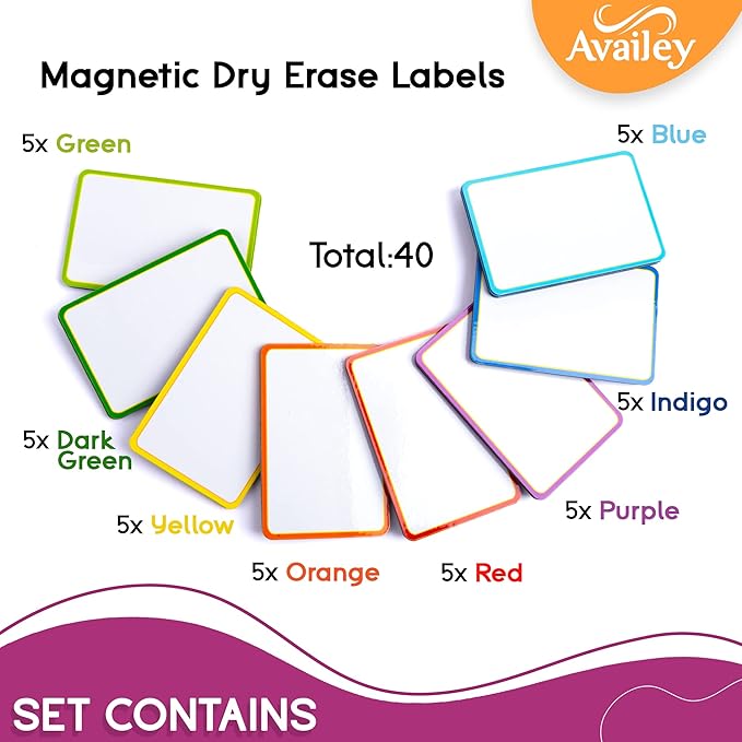 Availey 40 Pieces (3 x 2) - Colored Border Magnetic Dry Erase Labels - Reusable Strips for Classroom Home Office Garage - Refrigerator Blank Writable Erasable Cards - Name Tags Students Locker Shelf