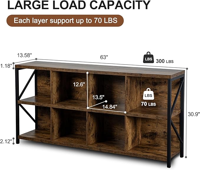 VAKATRELL 8 Cube Storage Organizer Bookshelf, Industrial Horizontal Bookcase, Accent Cubby Shelf, Media Console Table for Living Room, Home Office, 13.6" D x 63" W x 30.9" H, Rustic Brown