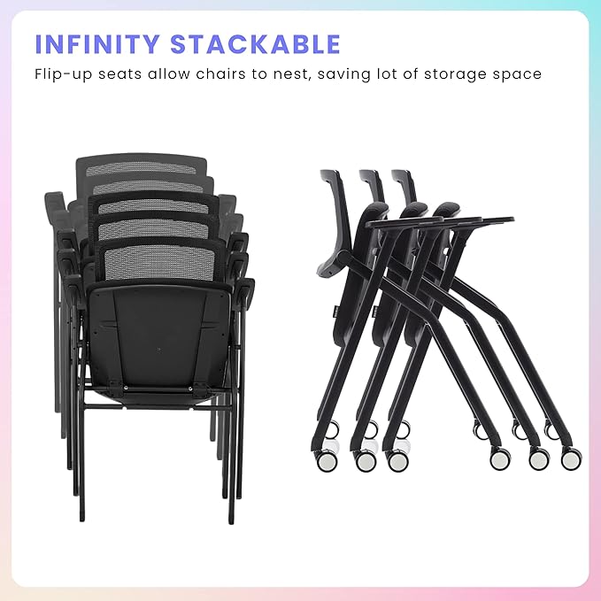 6 Pack Stackable Conference Room Chairs with Wheels and Paddle, Ergonomic Mesh Back and Arms for Meeting, Conference, Reception, Training Room & Home Office Desk Folding Chairs