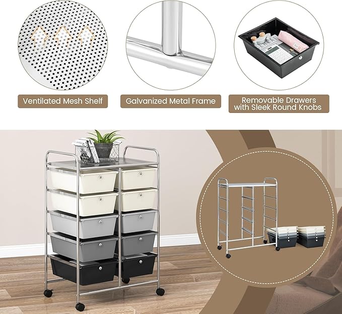 LDAILY 10 Drawer Rolling Cart, Storage Cart Organizer on Wheels, Drawer Cart with Metal Frame & Large Storage Capacity, Rolling Cart with Drawers for Living Room Classroom, Office