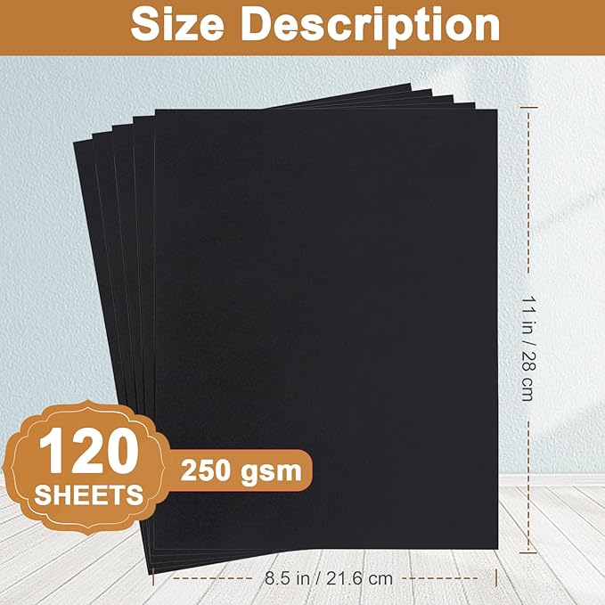Silunkia 120 Sheets Black Cardstock 8.5 x 11 Printer Paper, 250gsm/92lb Heavyweight Black Paper Card Stock for DIY Cards, Thank You Cards, School Crafting, Wedding, Invitations