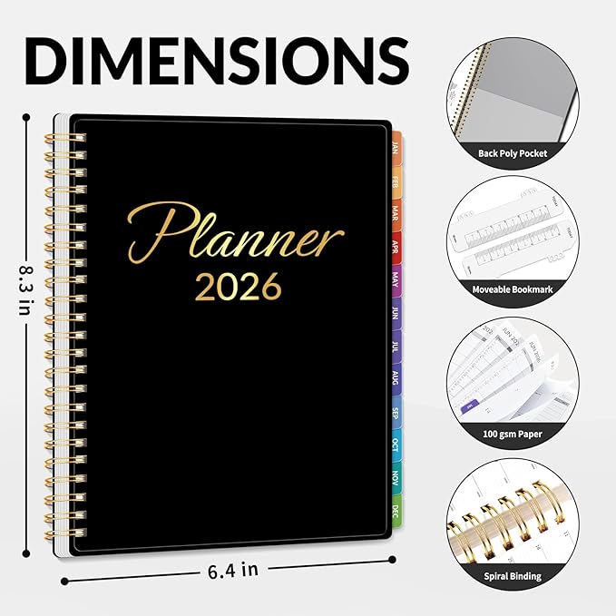 GNL 2026 Planner, Weekly ＆ Monthly Planner 2026, JAN. 2026 – DEC. 2026, 6.4" x 8.3" Monthly Agenda Planner with Tabs, Waterproof Flexible Cover, Spiral Binding, Double-sided Pocket, Bookmark, Black