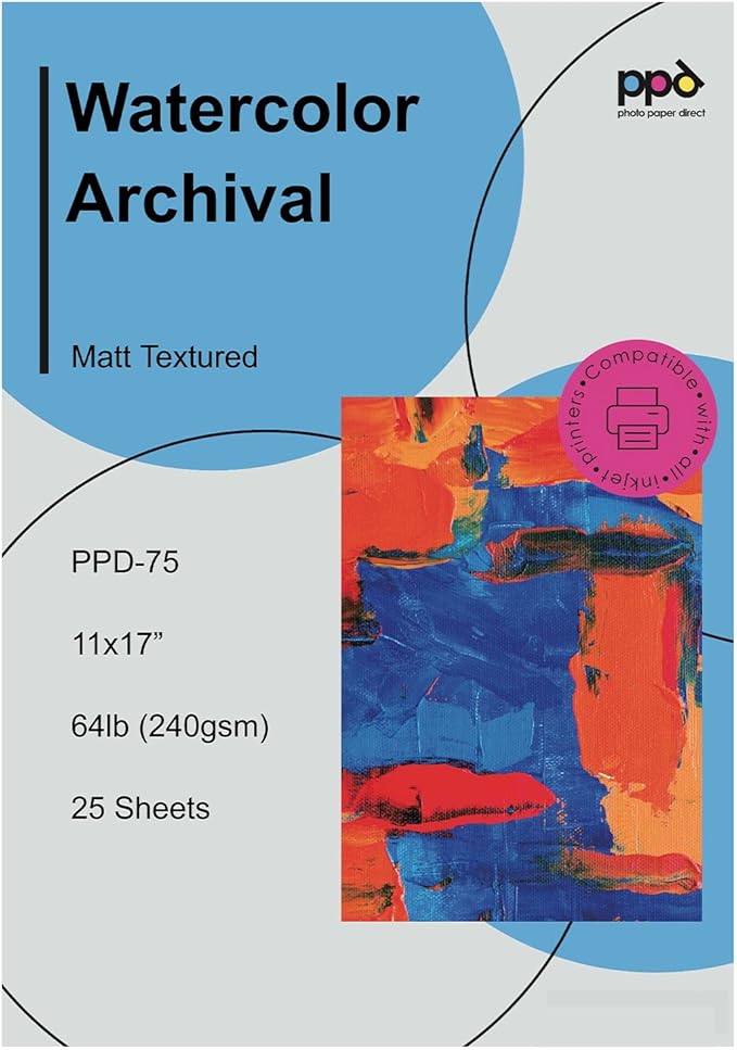 PPD Watercolor Printer Paper, 11 x 17 inches, 25 Sheets, Heavy 240 gsm/60 lb, Textured, Acid-Free, Compatible with Inkjet Printers