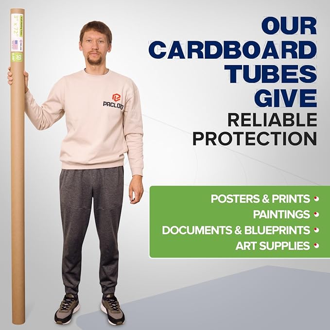Paclord 3" x 72" Reinforced Kraft Paper Mailing Tube, Pack of 6 Tubes with 12 Caps – Secure USPS Approved Poster Tube – Cardboard Tube for Shipping and Storing Posters, Prints, Artwork, or Documents