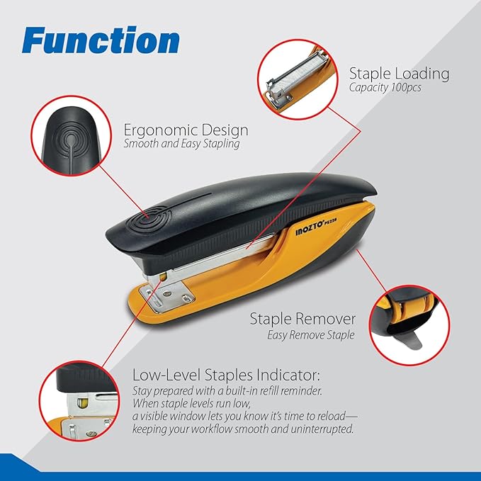 INOZTO Ergonomic Stapler, 20 Sheet Capacity & 100 Staples Storage, with Staple Remover & Non-Slip Base, for Office, School, Home Use, Custom Logo & Colors