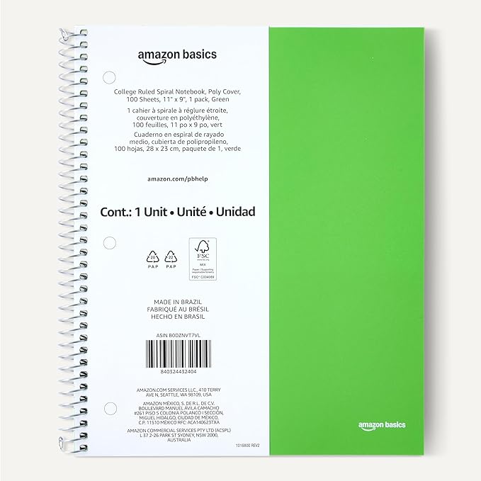 Amazon Basics Notebooks, College-Ruled Spiral Notebook with Poly Cover, For Work and School, 100 Sheets, 11" x 9", Green, 1-Pack