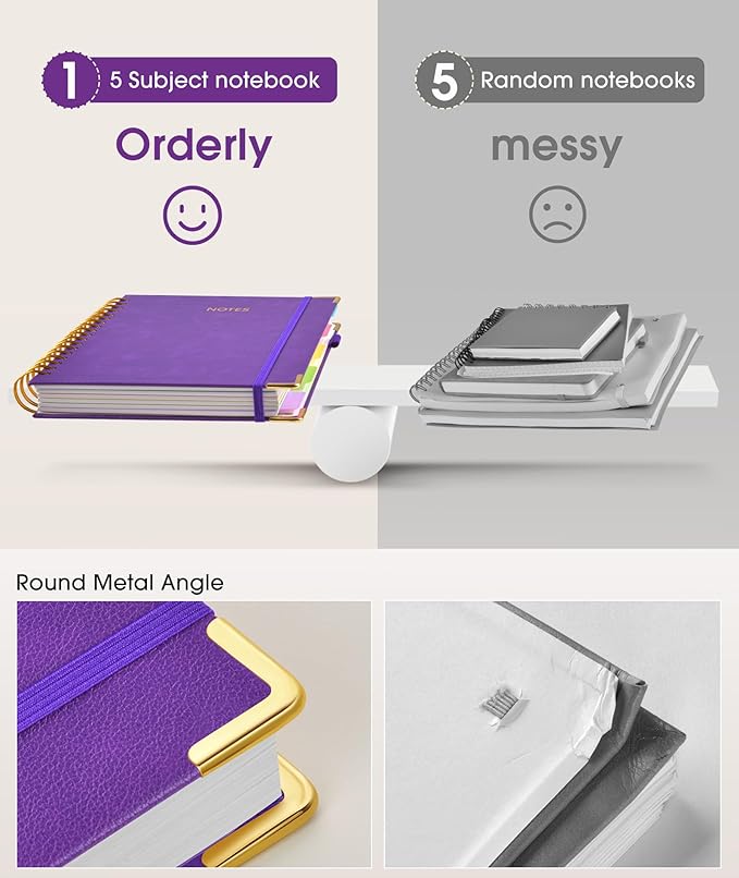 Hardcover Spiral Notebook Journal with Removable Dividers Tabs, 300 Pages Leather 5 Subject Notebook College Ruled, 8"x10" Large Notebooks for Work School Note Taking, Journal for Women, Dark Purple