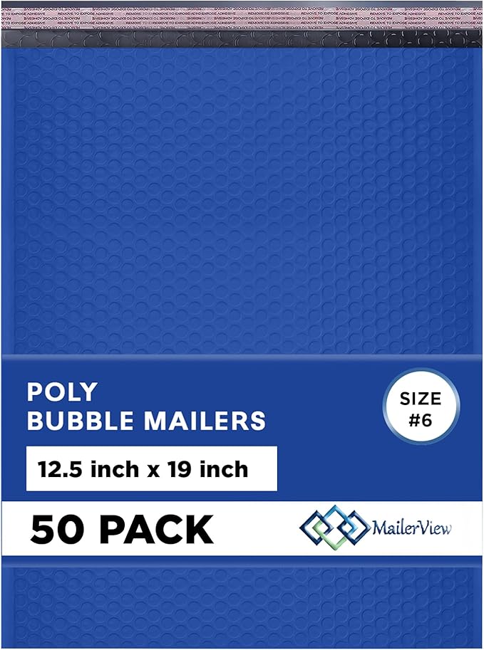 Royal Blue 12.5x19.5 Inch Large Poly Bubble Mailers #6 | Padded Envelopes with Self Seal | Air Lined Cushioned Bubble Mailer | Usable Size 12.5x15 | 50 Pack Bulk | Lightweight shipping Bags