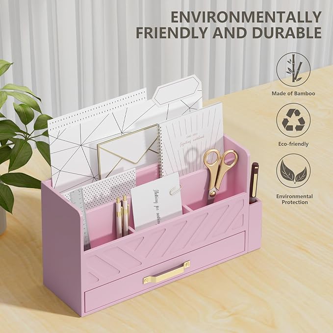 WISUCART Bamboo Desk Organizer Mail Holder Countertop Wood Desk Drawer Tabletop Storage Box Pen Holder Letter Sorter Makeup Organizer for School Home Office Supplies with Pen Holder Pink