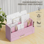 WISUCART Bamboo Desk Organizer Mail Holder Countertop Wood Desk Drawer Tabletop Storage Box Pen Holder Letter Sorter Makeup Organizer for School Home Office Supplies with Pen Holder Pink