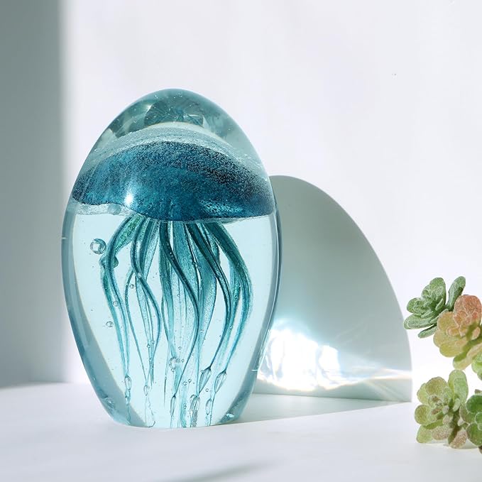 Sanbege Hand Blown Glass Jellyfish Figurine, Glow in The Dark Paperweight, Collectible Sea Creature Statue Decor for Home, Office, Party Decoration and Gift (Turquoise)