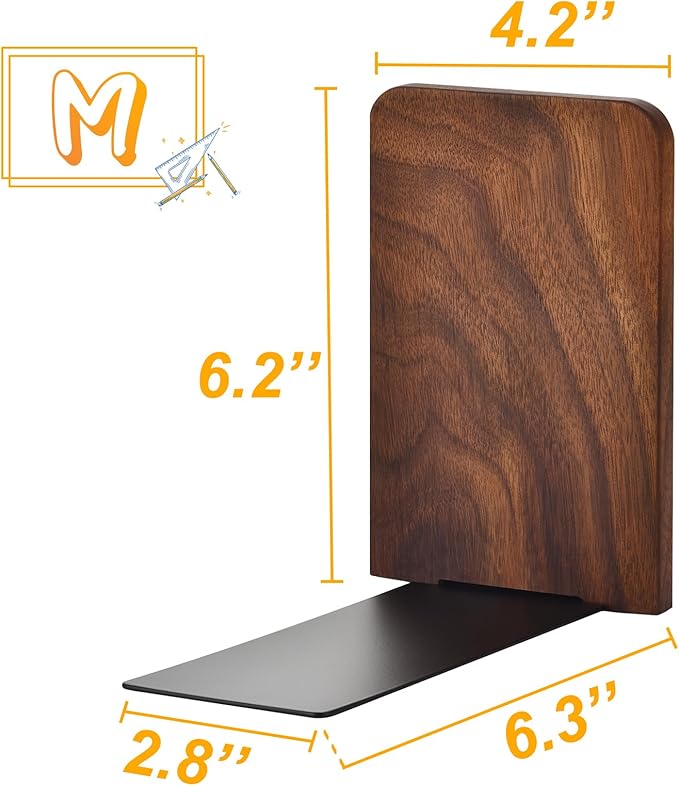 VIVTOB Book Ends, Black Walnut Wooden Bookends for Shelves - Heavy Duty Non-Slip Book Organizers, Upgraded Decorative Bookend Holders for Home, Kitchen, Office, Set of 2, Medium