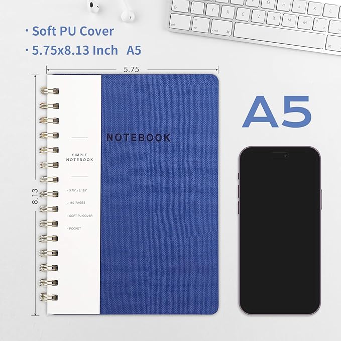 Spiral Notebook-5.75" x 8.125" College Ruled Journal with Inner Pockets and 160 Pages,PU Leather Cover Business Journal, Twin-Wire Binding Notebook Perfect for Office & Home School Supplies 6 pack Navy Blue