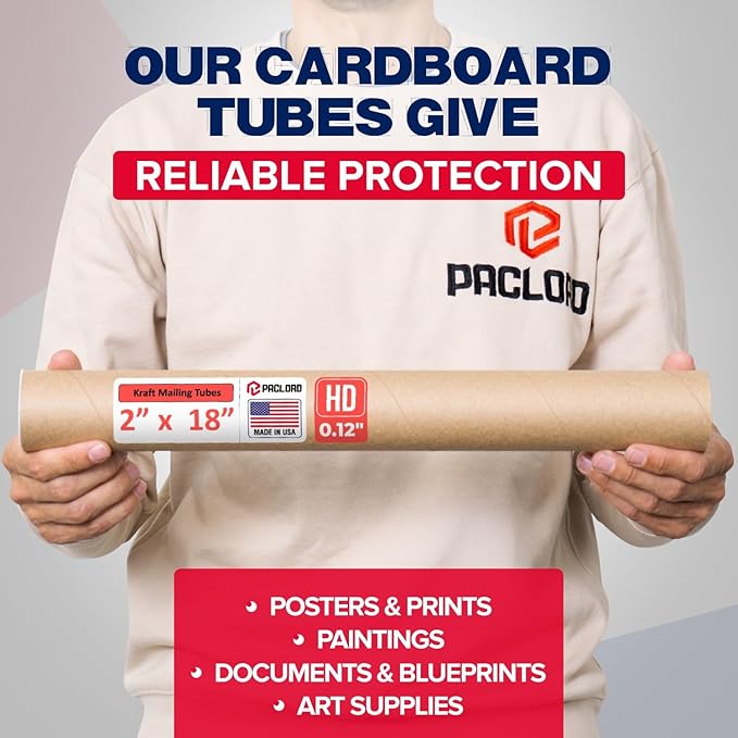 Paclord 2" x 18" Heavy-Duty Reinforced Cardboard Mailing Tube, Pack of 1 Tube with 2 Caps – Secure USPS Approved – Great for Shipping and Storing of Prints, Artwork, Posters or Documents