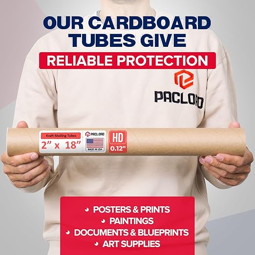 Paclord 2" x 18" Heavy-Duty Reinforced Cardboard Mailing Tube, Pack of 4 Tubes with 8 Caps – Secure USPS Approved – Great for Shipping and Storing of Prints, Artwork, Posters or Documents