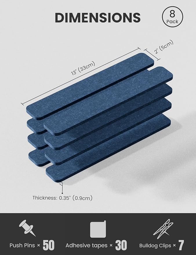 Fluxynara Cork Board Alternative Felt Strip Board 8-Pack 13"x2", Office Pin Board with 50 Push Pins, Adhesive Install for Bedroom Door & Home Office(Denim Blue)
