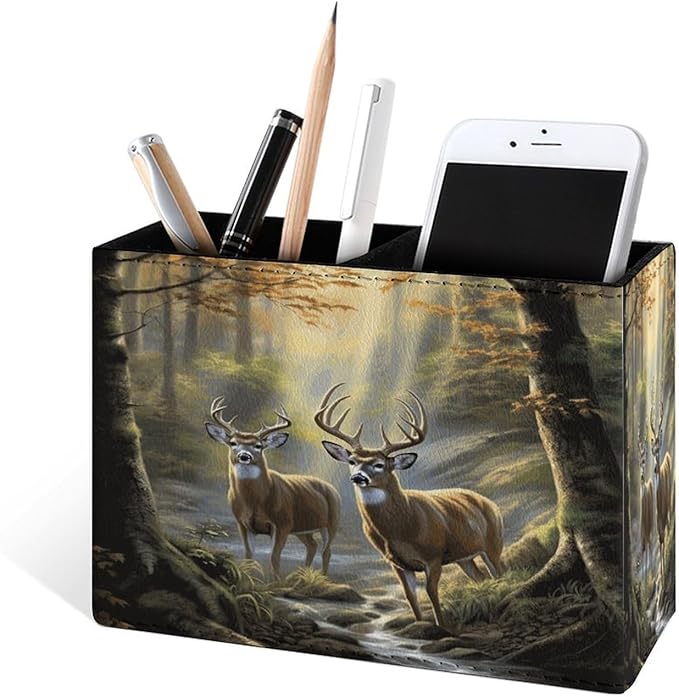 Famame Two Deer Autumn River Pencil Holder for Desk, Leather Desktop Container Pen Cup Storage Study Table Pen Organizer Makeup Brush Holder for Classroom Office Home