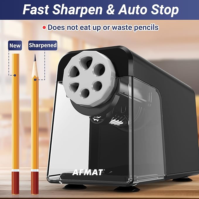 AFMAT Electric Pencil Sharpener Heavy Duty, 6 Holes, Auto Stop Pencil Sharpeners for Classroom, Electric Sharpener for 6-11mm Colored Pencils, 7000 Sharpenings, Fast Sharpen, Save Pencils PSX1