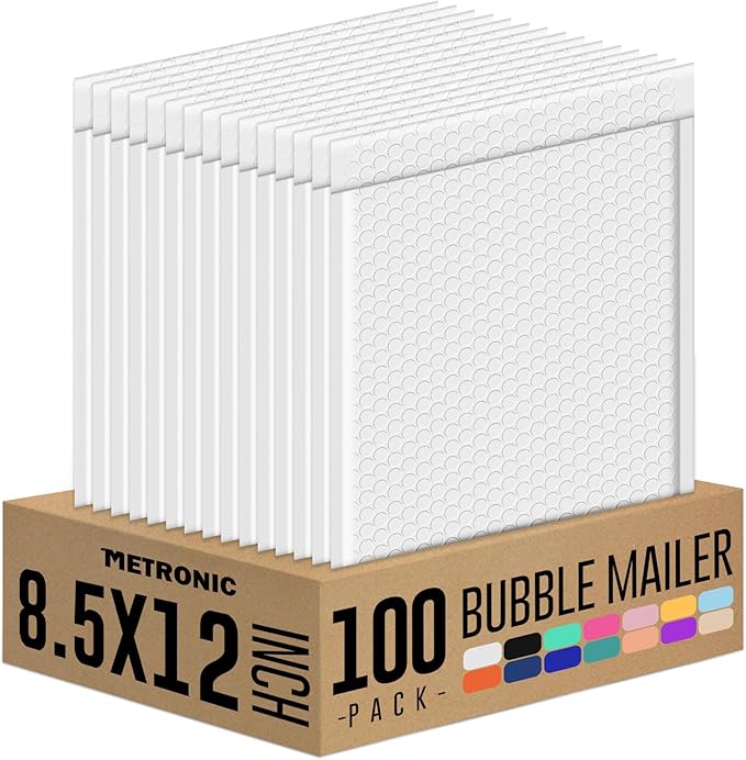 Metronic Bubble Mailer 8.5X12 Inch White 100 Pack,Waterproof Padded Envelopes,Self-Seal Bubble Mailers Cushioning Bubble Envelopes for Shipping,Jewelry Makeup Supplies, Packaging Bulk