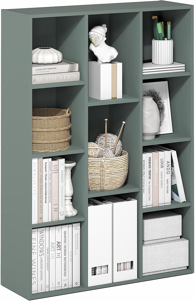 Furinno LUDER Book Shelf, 11-Cube Bookshelf, Reversible Bookcase, 9.4" x 29.1" x 41.7", for Living Room, Bedroom, Home Office, Sage Green