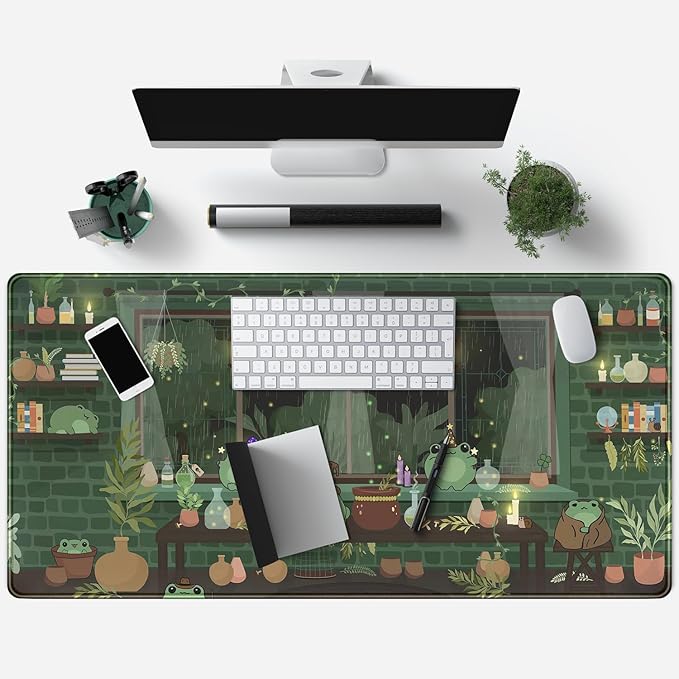 Mechanical Cattle Cute Desk Mat Kawaii Frog Mouse Pad Green Desk Anime Mat Large Gaming Mouse Pad Desk Computer Keyboard Pad Desk Home Office Accessories Girl Stitched Eges (31.5x15.7 in) WER236