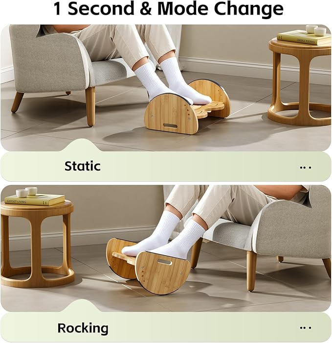 Ergonomic Under Desk Bamboo Footrest, 2-in-1 Reversible Rocking Footrest, 4 Adjustable Heights Office Footstool, Large Anti-Slip Surface, Improves Posture and Blood Circulation (Bamboo Footrest)