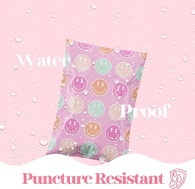 Pretty Package Store 6x9 Designer Poly Mailer 100 Pack Heavy Duty Waterproof Self Seal Shipping Bags for Small Business Large Mailing Envelopes Bulk Tear Resistant Cute Packaging Smiley Face