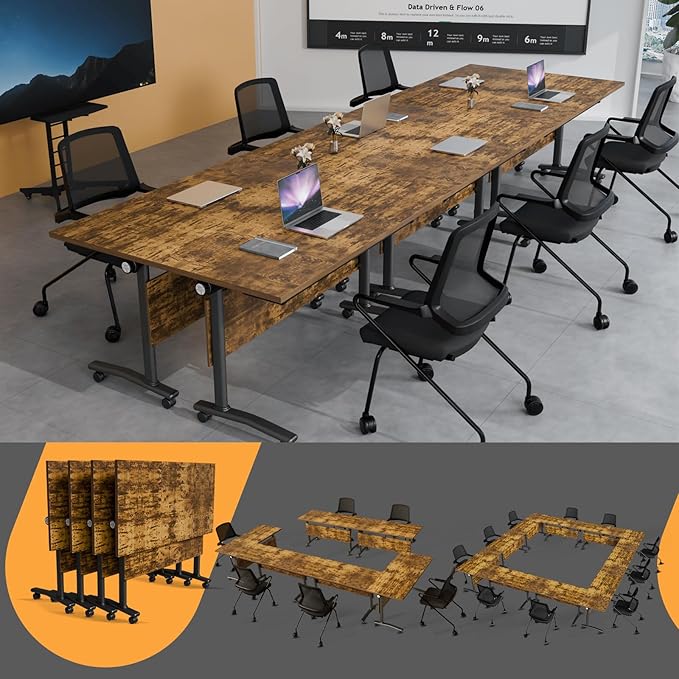 Folding Conference Table 4ft 5ft, Foldable Office Meeting Desk for 6 People, Multiple Sizes Colors Mobile Conference Room Table for Training Room School Business Furniture (6, Brown, 63in)