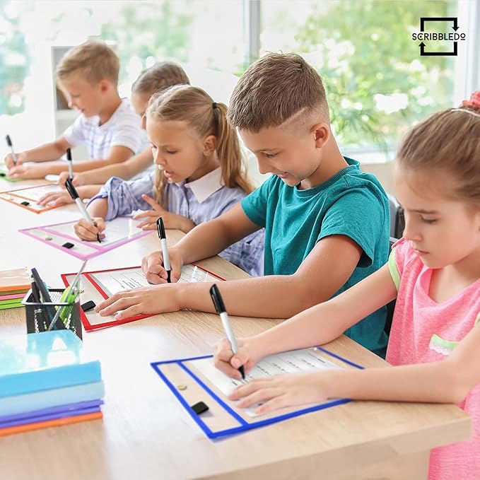SCRIBBLEDO Dry Erase Pockets Reusable Dry Erase Sleeves with Marker Holder Colorful Dry Erase Pocket Sleeves for School Classroom or Work Ticket Holders Assorted Colors 50 Pack