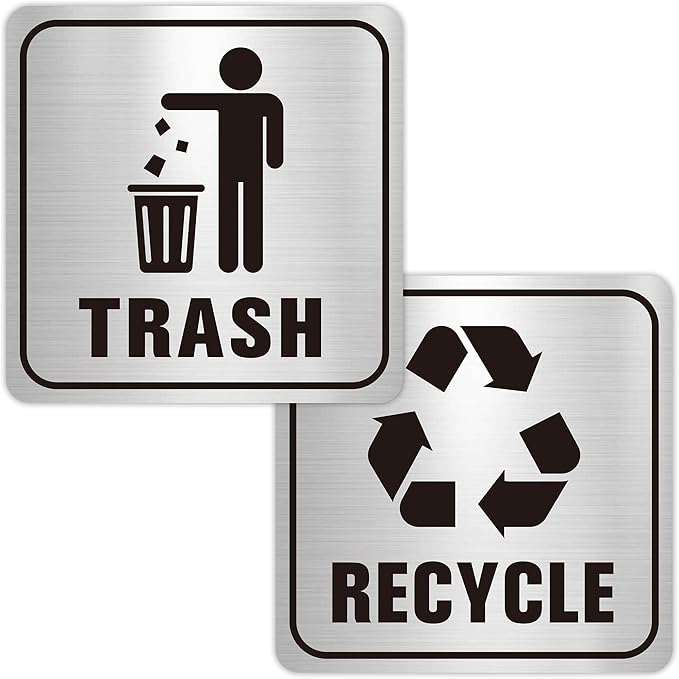 2PCS Recycle Stickers for Trash Bins, Self-Adhesive Waterproof Brushed Silver Trash and Recycling Stickers for Trash Can, Kitchen, Office, Garbage Bin Indoor, Outdoor Use