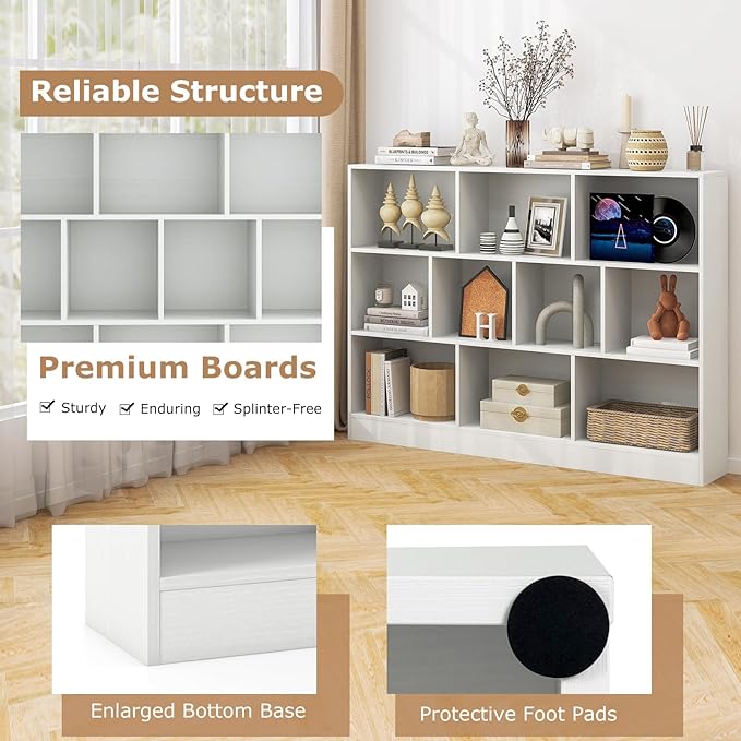 Tangkula 10-Cube Bookshelf, 55”L Floor Bookcase with 2 Anti-Tipping Kits, Freestanding Storage Organizer, 4-Tier Display Shelf for Home, Office & Dorms, Natural/White (White, 10-Cube-Large)