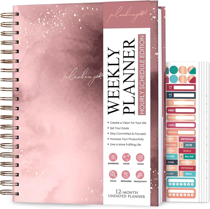 PLANBERRY Large Hourly Schedule Planner Premium – Undated Organizer for Productivity, Time Management & Budget, 8x10.4″ (Rose Gold)