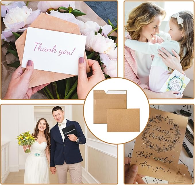 Silunkia 100 Packs Brown Blank Greeting Cards and Envelopes 4 x 6 Heavyweight Flat Cardstock and A4 Envelopes Printable Self Seal for Graduations, Invitations, Thank You Cards, Mailing