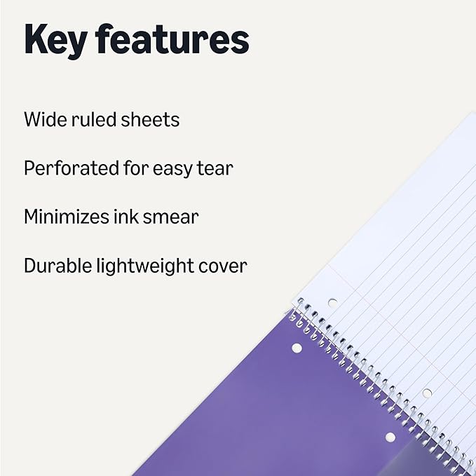 Amazon Basics Notebooks, Wide-Ruled Spiral Notebook with Poly Cover, For Work and School, 100 Sheets, 8" x 10.5", Radiant Orchid, 3-Pack