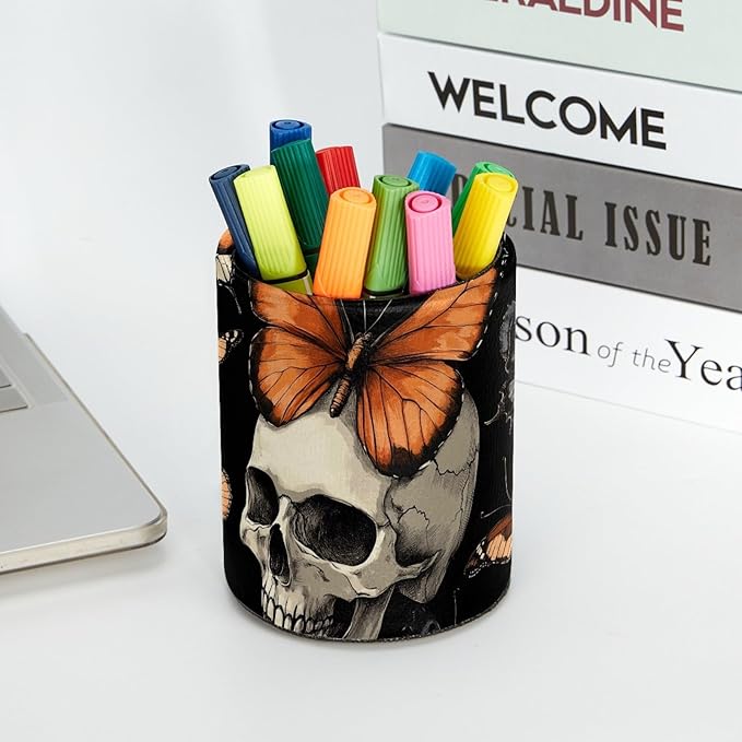 Leather Pen Holder for Desk, Butterfly Skull Pencil Cup Desktop Organizer Makeup Brush Holders Office Supplies for Home, Kids & School