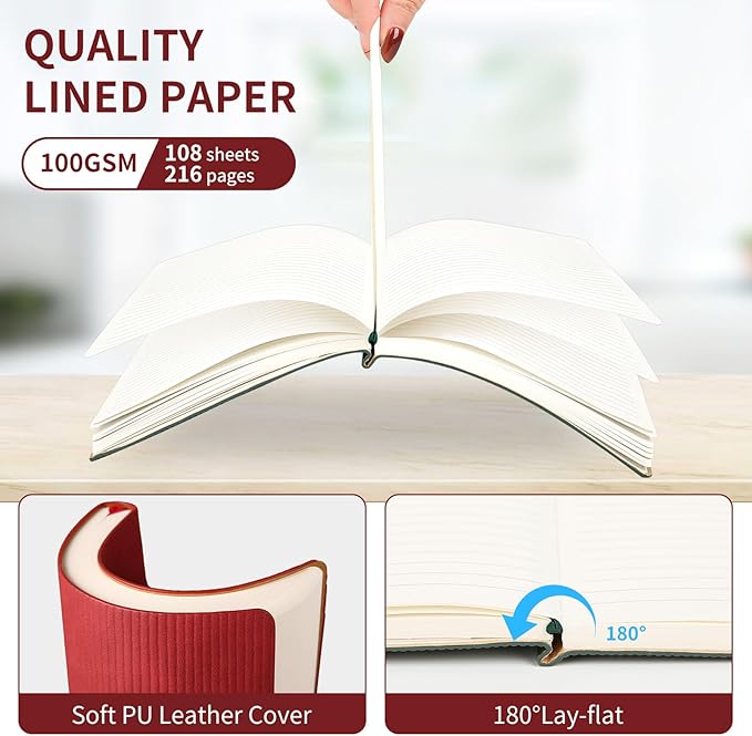 TSFPapier A5 Lined Notebook with Pen & Gift Box 216 Pages PU Leather Journals for Women Men 100GSM Thick Paper College Ruled Notebook for Christmas Gifts,School,Travel,Business,Work,Home Writing (Red)