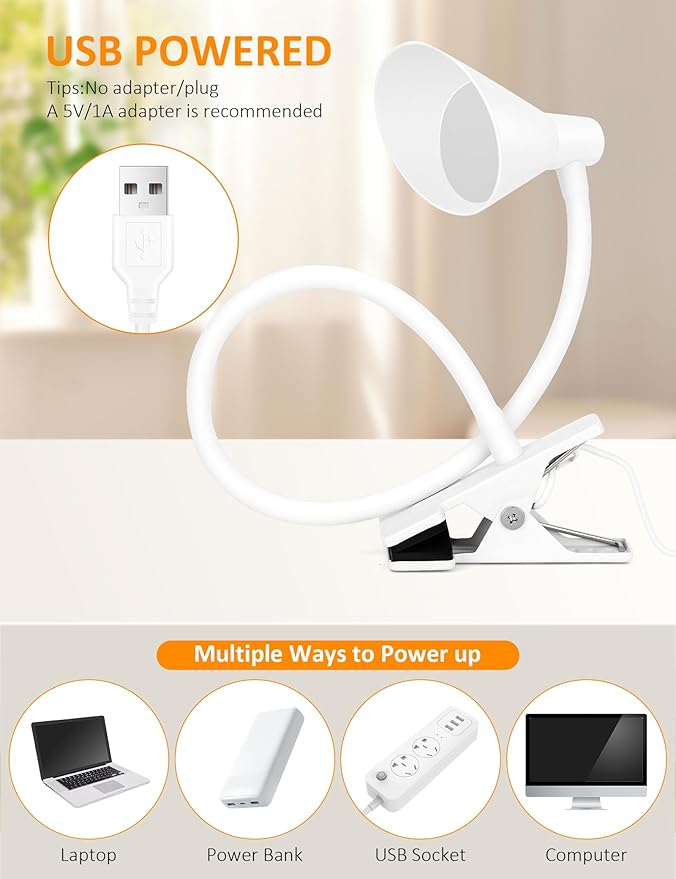 LiFMIRA Desk Lamp Clip on Light USB Reading Light 3 Color Modes 10 Dimmable Brightness Eye Care Clamp Desk Lamp Flexible Gooseneck Book Light for Reading in Bed and Desk