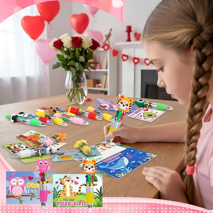 Pajean 24 Sets Valentine's Day Gifts for Classroom Exchange Cute 4-in-1 Multicolor Ballpoint Pens with Cards Valentines Party Favors School Students Prizes Bag Fillers Sweet Stationery Supplies