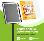 RedChili Floor Standing Sign Holder Stand for 8.5x11 Inches Poster or Chalk Board, Pedestal Sign Holder with Snap Open Frame,360° Rotation,Adjustable Post Height Outdoor Indoor Standing Display Sign Holders for Advertising (Black, Sharp Corner)