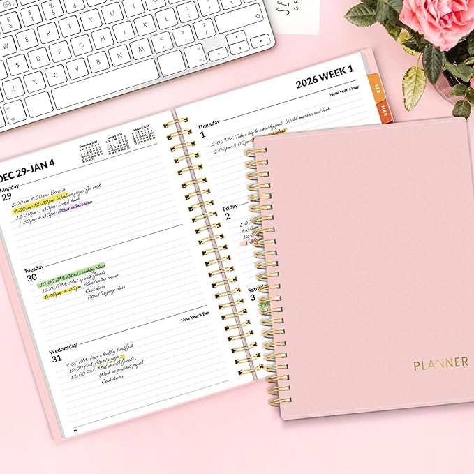 SUNEE 2026 Weekly and Monthly Planner - from January 2026 - December 2026, Daily Agenda Planner with Monthly Tab, Flexible Cover, Note Pages, Pockets, Bookmark, Spiral Binding, Pink, 6.4" x 8.3"