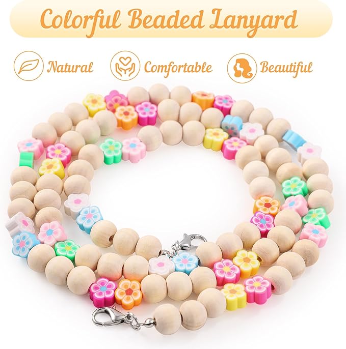 Teacher Lanyard with ID Holder Flower Cute Wooden Beaded Lanyards for ID Badge Holders Retractable Badge Reel Keys Eyeglass Chains for Women