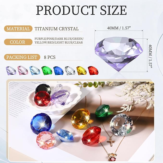 PATIKIL 8 Pcs Diamond Crystal Paperweight, 40mm / 1.57 Inch Crystal Paperweight Paper Weight for Home Office Desktop Table Decor Wedding Party Jewelry Ornaments, Multicolor