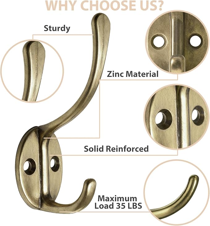 Homanu 14 Pack Coat Hooks Wall Mounted with 28 Screws, Heavy Duty Antique Brass Towel Hooks Metal Double Hooks, No Rust Retro Rustic Wall Hooks for Hanging Towel, Coat, Scarf, Bag, Hat, Cup, Key