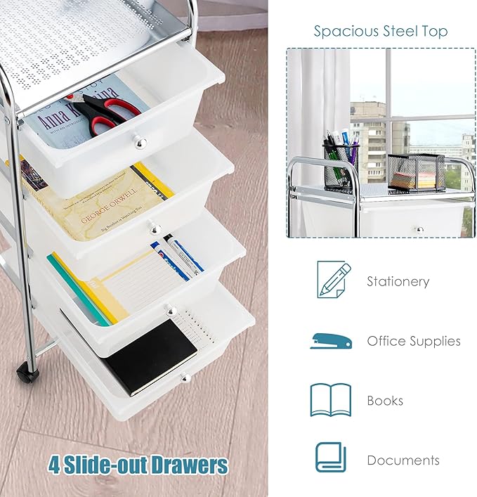 Giantex Rolling Cart with Drawers, Craft Organizer with Wheels, 4 Drawer Storage Container Bins for Home School Office Scrapbook Paper Tools, Clear White