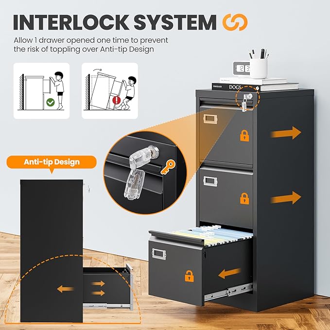 AFAIF 3 Drawer File Cabinet with Lock, Metal Filing Cabinets for Home Office, Vertical Black Locking File Caninet, Steel Narrow Three Drawer File Cabnet for Letter/Legal / A4 / B4- Assembly Required