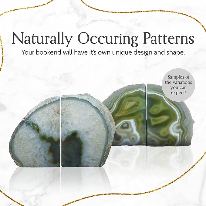 Nature's Decorations Agate Bookends - A Quality Green Geode with Non-Skid Rubber Bumpers for Shelves, Office, Home Decor, Heavy Duty Cute Stone (4-6 LB)