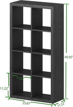 Bookshelf with Storage Bins, 8-Cube Storage Organizer, Modern Black Bookshelf for Bedroom, Multifunctional Display Cube Bookshelves for Living Room, Bedroom, Home Office
