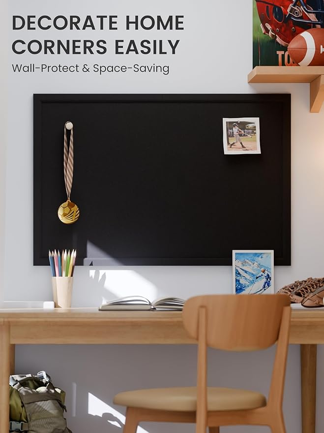 Fluxynara Foldable Cork Board Alternative, Felt Bulletin Board 36" x 24" Black Frame with 24 Adhesive Tabs, Pin Board for Home Office, Classroom, Entryway, Kitchen Wall Decor—Black