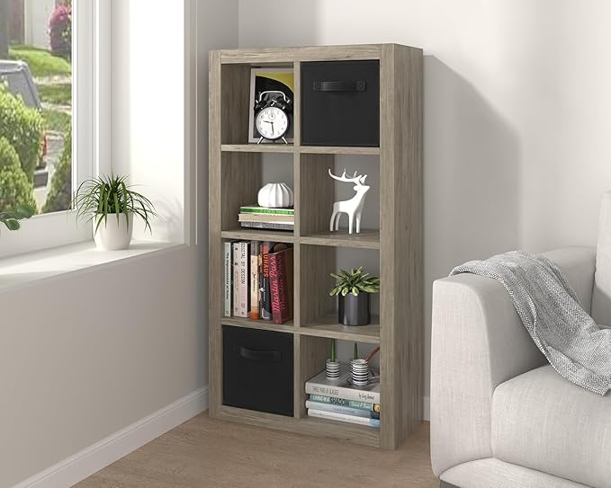 furtble Bookshelf with Storage Bins, 8-Cube Storage Organizer, Modern Wood Open Bookcase, Multifunctional Display Shelf for Living Room, Bedroom, Home Office, Gray Oak