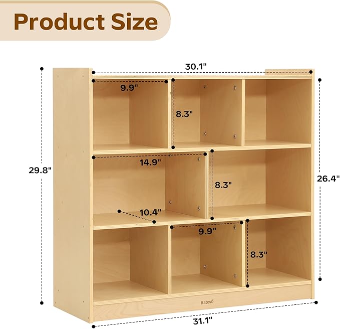 Bateso Toy Storage Organizer for Kids Room, Wooden Kids Bookshelf for Classroom, Cube Storage Organizer for Playroom, 8-Section Montessori Bookshelf & Toy Shelf for Nursery